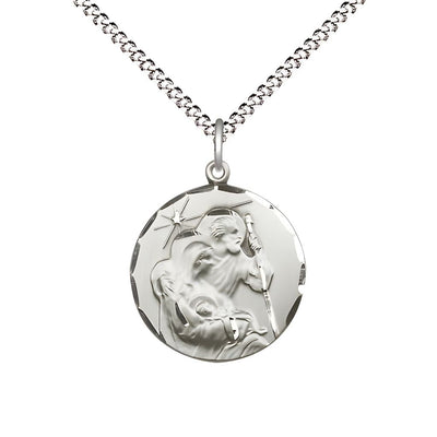 Holy Family Nativity Sterling Silver Round Sterling Silver Medal with Plated Chain, Measures 3/4-inch tall by 5/8 - inch wide, Bliss Manufacturing