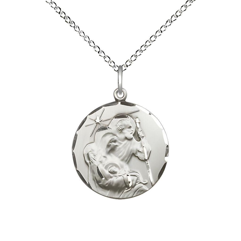 Bliss Holy Family Nativity Sterling Silver Round Sterling Silver Medal with Sterling Chain, Measures 3/4-inch tall by 5/8 - inch wide.