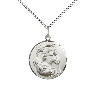 Holy Family Nativity Sterling Silver Round Sterling Silver Medal with Sterling Chain, Measures 3/4-inch tall by 5/8 - inch wide, Bliss Manufacturing