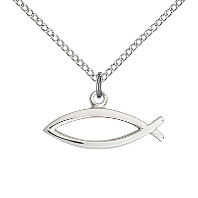 Christian Fish Sterling Silver Medal Necklace with 18" Sterling Silver Chain, 3/8-inch tall by 3/4-inch wide, Bliss Manufacturing
