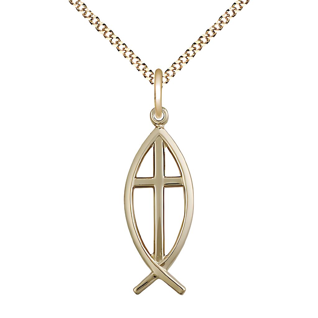 Bliss Christian Fish Cross 14kt Gold-filled Medal Necklace with Gold-plated Light Curb Chain, Medal Measures 1-inch tall by 3/8-inch wide