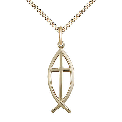 Christian Fish Cross 14kt Gold-filled Medal Necklace with Gold-plated Light Curb Chain, Medal Measures 1-inch tall by 3/8-inch wide, Bliss Manufacturing