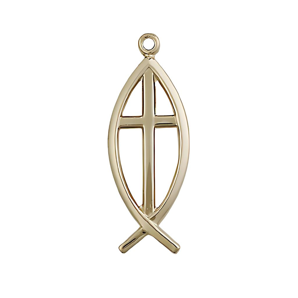 Bliss Christian Fish Cross 14kt Gold Medal, Medal Measures 1-inch tall by 3/8-inch wide