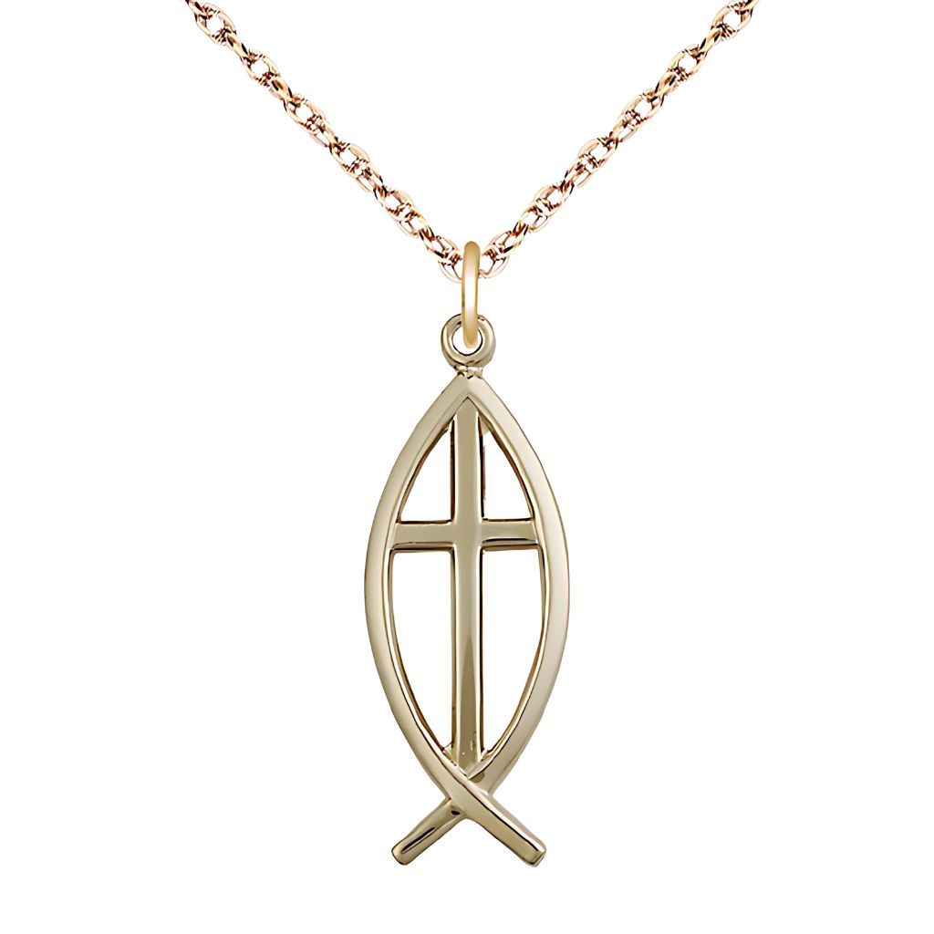 Bliss Christian Fish Cross 14kt Gold Medal Necklace with 14kt Gold Light Curb Chain, Medal Measures 1-inch tall by 3/8-inch wide