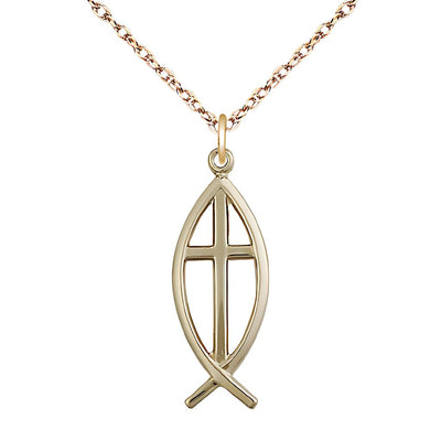 Christian Fish Cross 14kt Gold Medal Necklace with 14kt Gold Light Curb Chain, Medal Measures 1-inch tall by 3/8-inch wide, Bliss Manufacturing