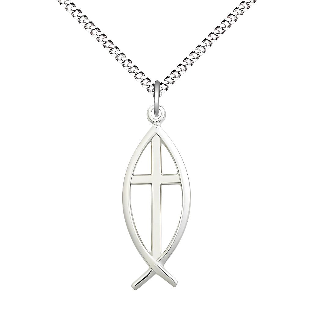 Bliss Christian Fish Cross Sterling Silver Medal Necklace with Rhodium-plated Light Curb Chain, Medal Measures 1-inch tall by 3/8-inch wide