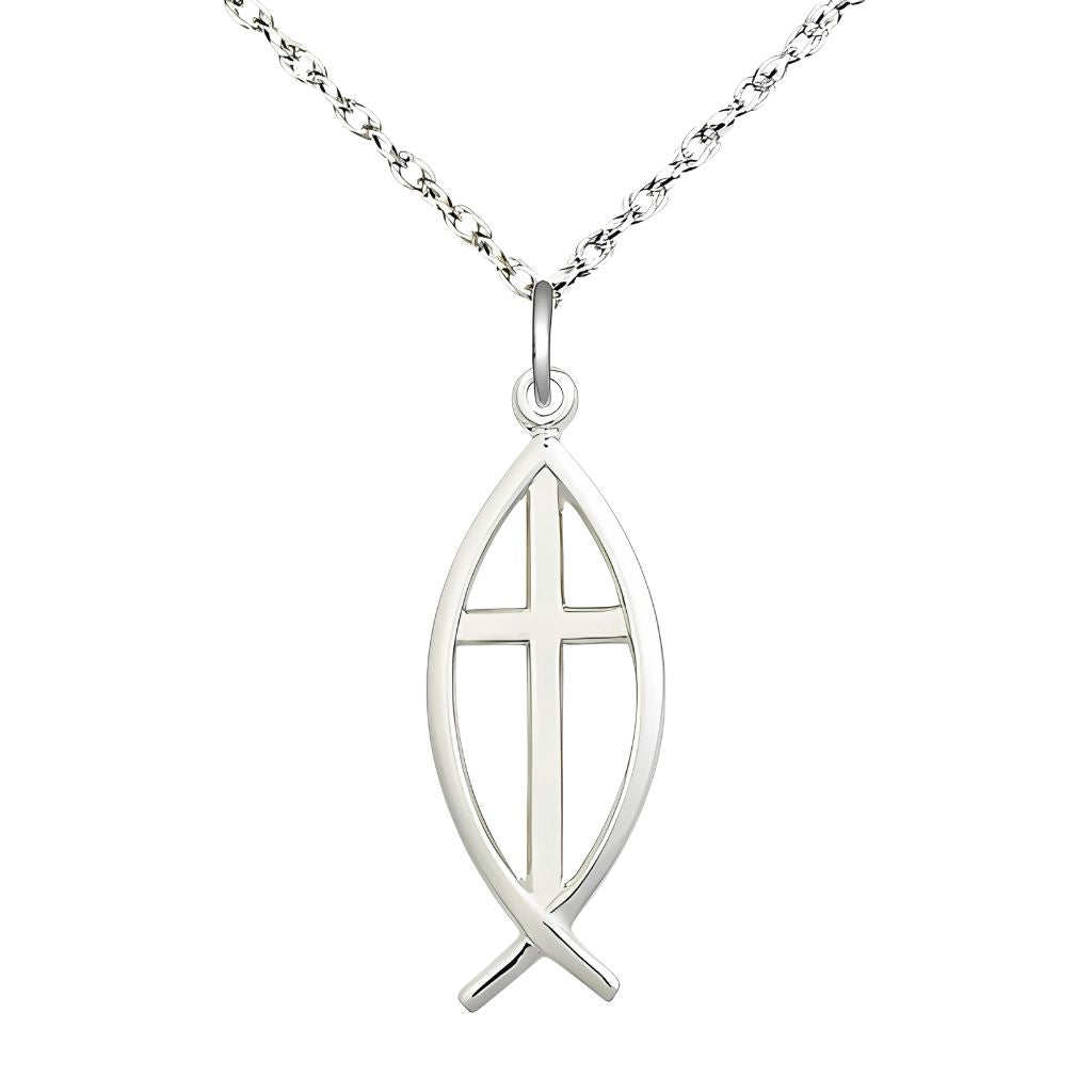 Bliss Christian Fish Cross Sterling Medal Necklace with Sterling Light Rope Chain, Medal Measures 1-inch tall by 3/8-inch wide