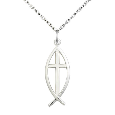 Christian Fish Cross Sterling Medal Necklace with Sterling Light Rope Chain, Medal Measures 1-inch tall by 3/8-inch wide, Bliss Manufacturing