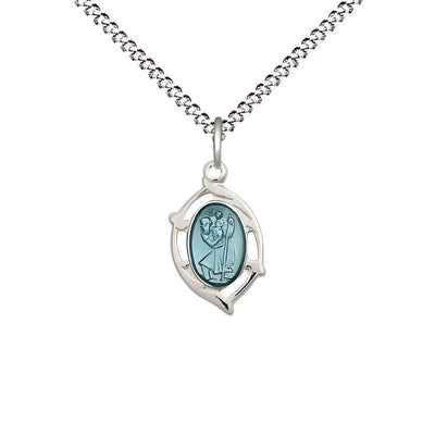 St. Christopher children’s blue epoxy oval medal in frame sterling silver oval medal with rhodium-plated chain, Measures 5/8-inch tall by 3/8 - inch wide, Bliss Manufacturing