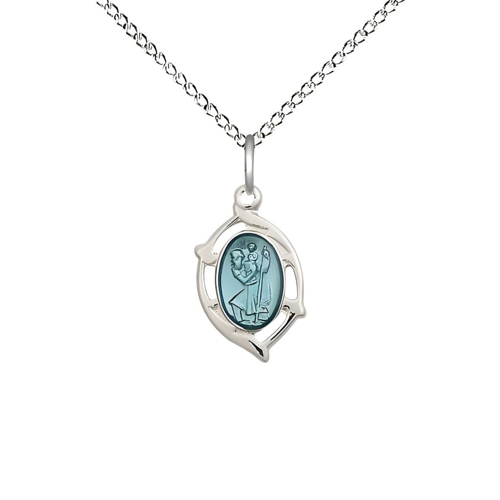 St. Christopher children’s blue epoxy oval medal in frame sterling silver oval medal with sterling silver chain, Made in USA by Bliss, Measures 5/8-inch tall by 3/8 - inch wide