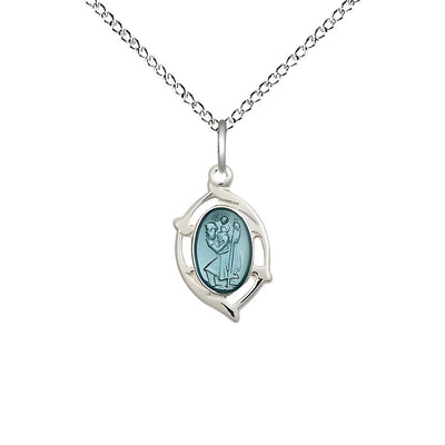 St. Christopher children’s blue epoxy oval medal in frame sterling silver oval medal with sterling silver chain, Measures 5/8-inch tall by 3/8 - inch wide, Bliss Manufacturing