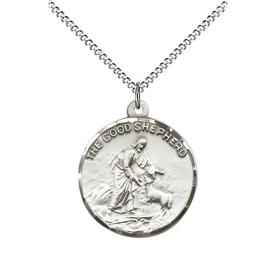 Good Shepherd Sterling Silver Medal Necklace with Rhodium-plated Chain, Measures 7/8-inch tall by 3/4-inch wide, Bliss Manufacturing