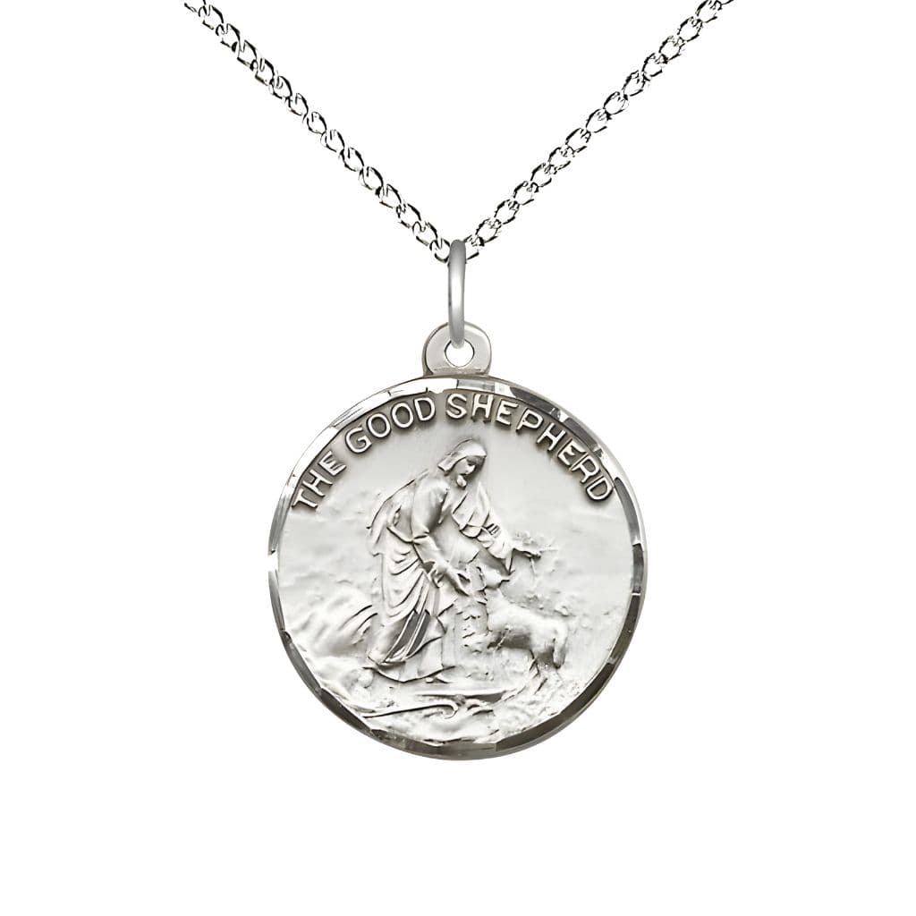Bliss Good Shepherd Sterling Silver Medal Necklace with Sterling Silver Chain, Measures 7/8-inch tall by 3/4-inch wide,