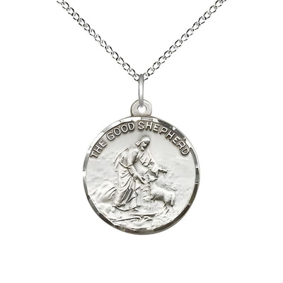 Good Shepherd Sterling Silver Medal Necklace with Sterling Silver Chain, Measures 7/8-inch tall by 3/4-inch wide, Bliss Manufacturing