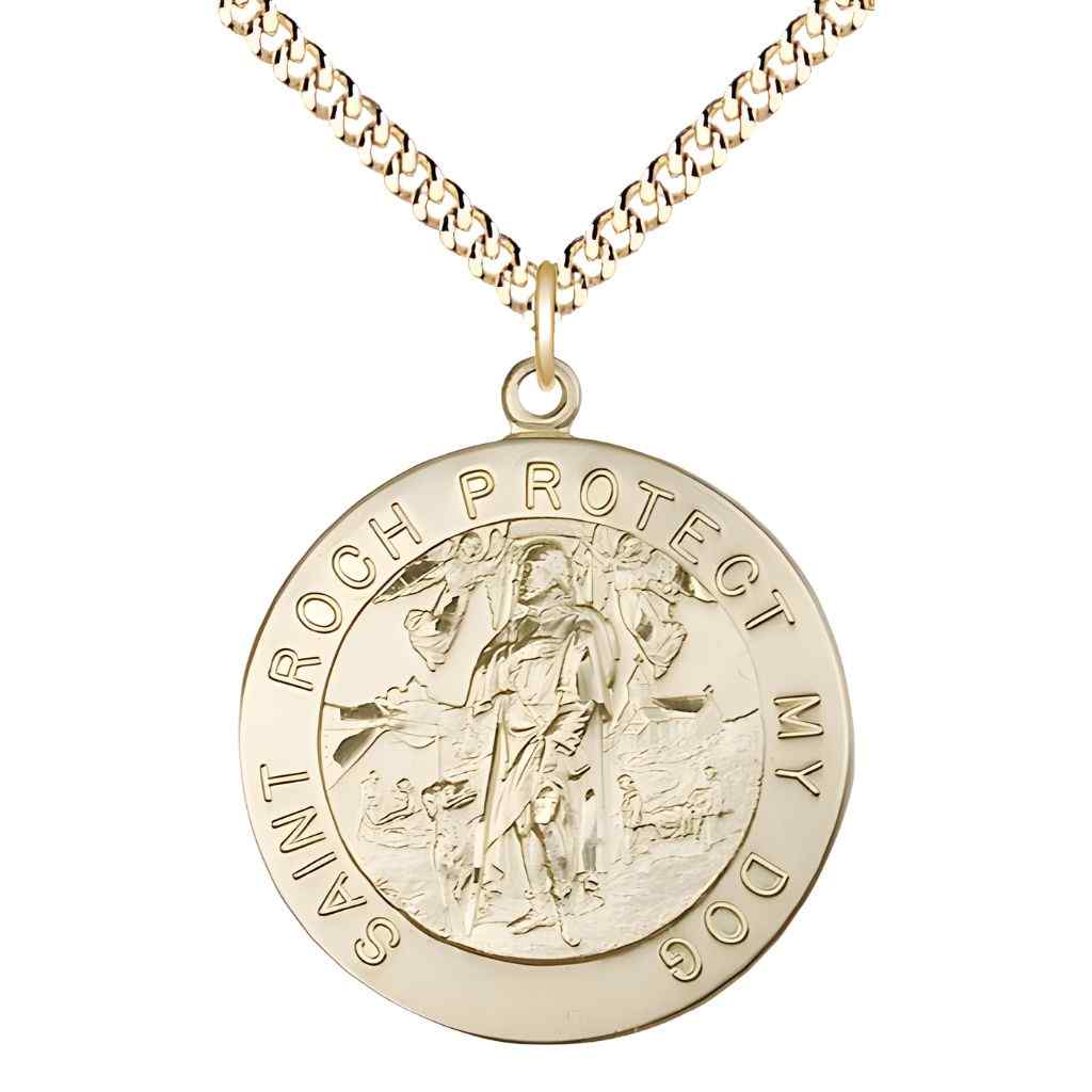 St. Roch Protect My Dog 14kt gold-filled round medal pendant on gold-plated curb chain, front view with 'Saint Roch Protect My Dog' inscription