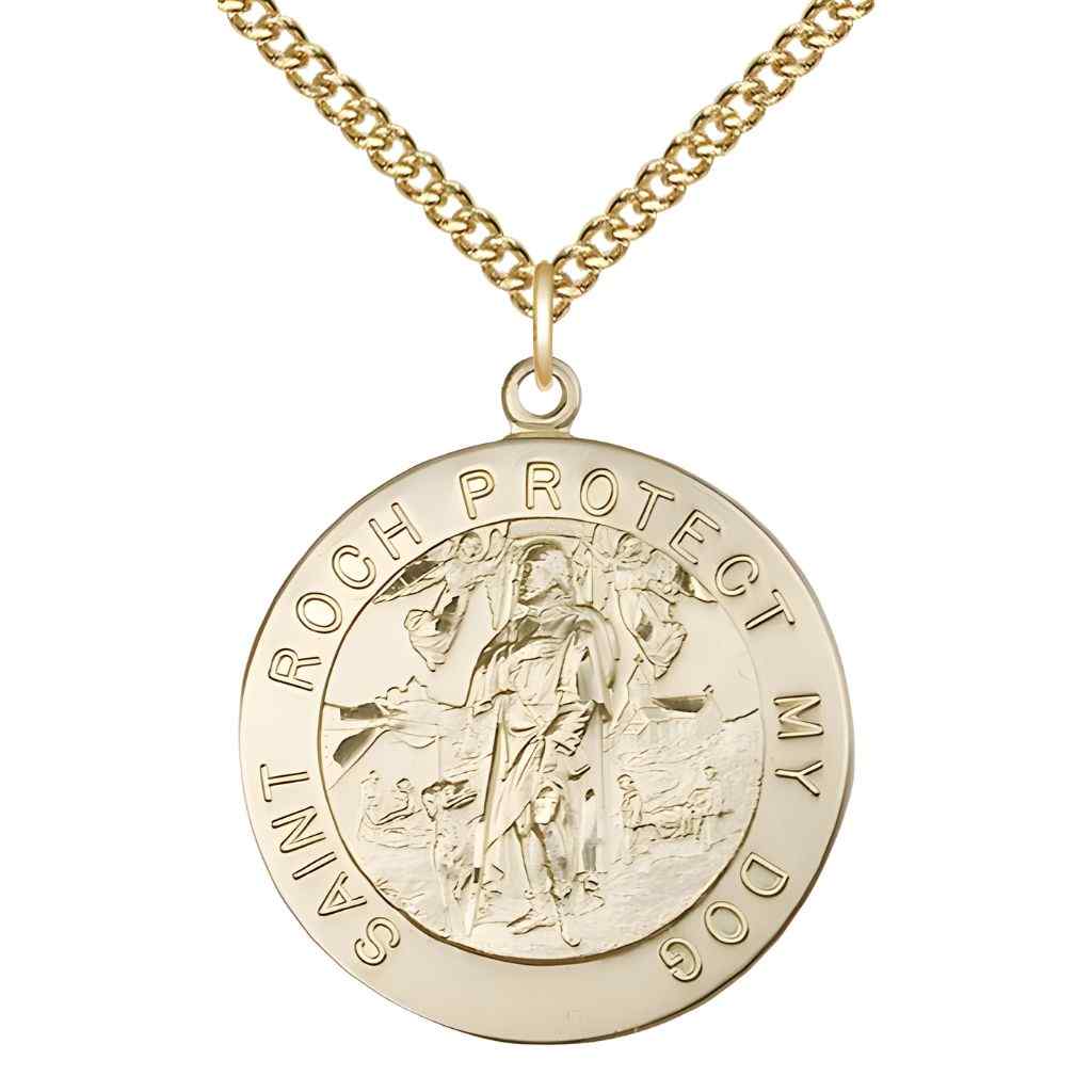 St. Roch Protect My Dog 14kt gold-filled round medal pendant on 14kt gold-filled chain, front view