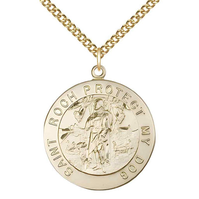 St. Roch Protect My Dog 14kt gold-filled round medal pendant on 14kt gold-filled chain, front view