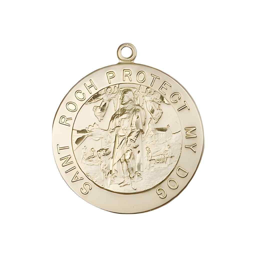 St. Roch Protect My Dog large 14kt gold round medal pendant, front view with 'Saint Roch Protect My Dog' inscription and scene of St. Roch with dog