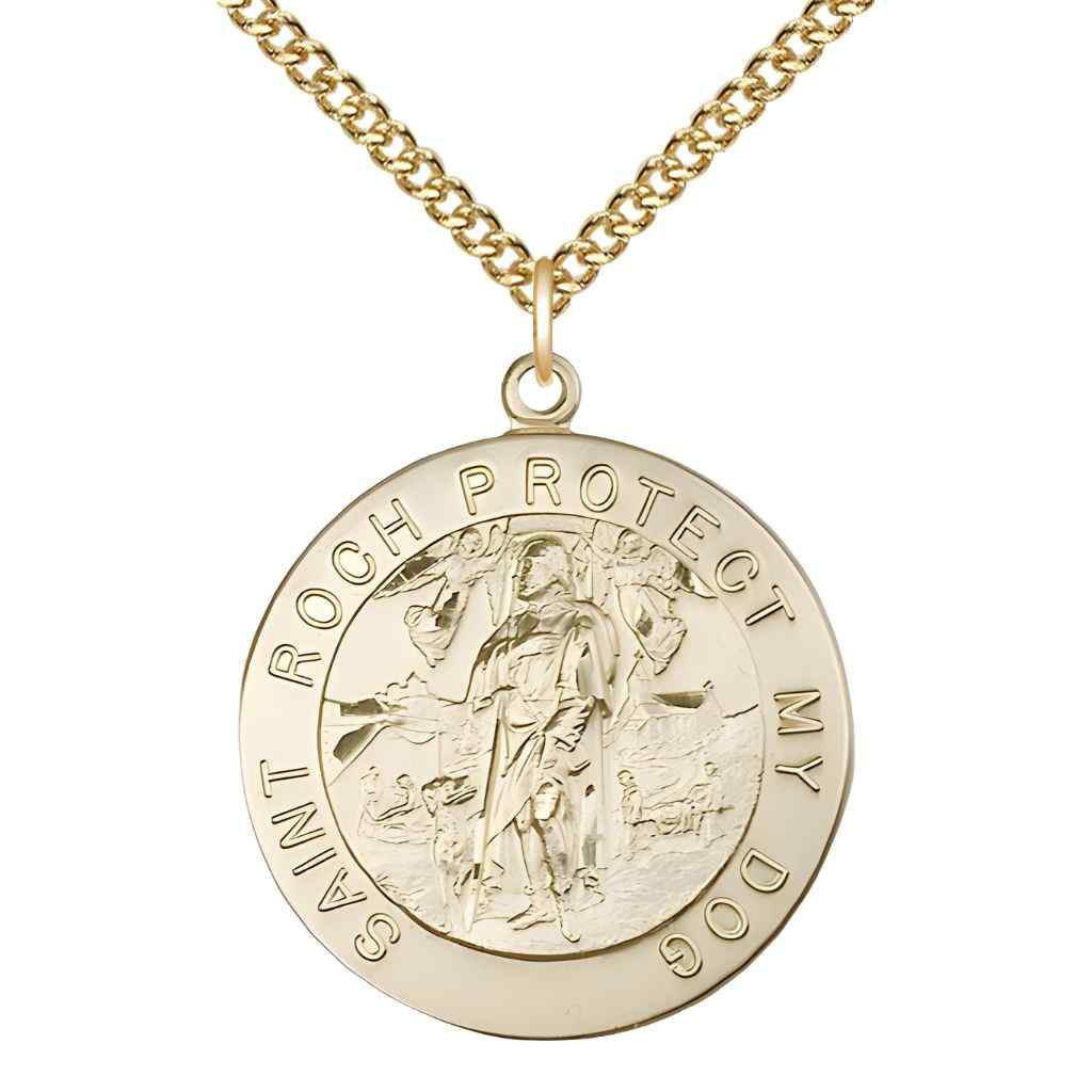 St. Roch Protect My Dog 14kt gold round medal pendant paired with 14kt gold chain, front view