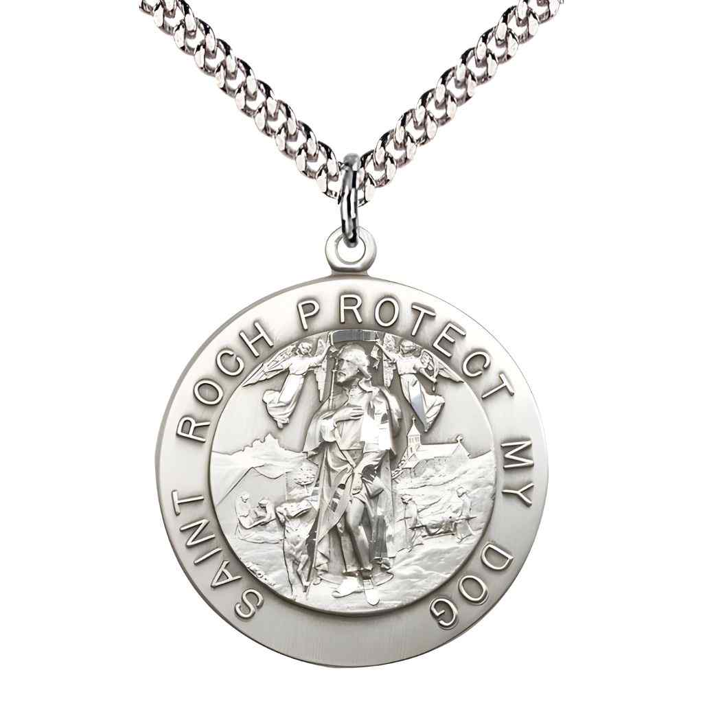 St. Roch Protect My Dog large pewter round medal pendant on curb chain, front view with 'Saint Roch Protect My Dog' inscription and scene of St. Roch with dogs