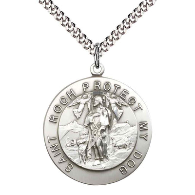 St. Roch Protect My Dog large pewter round medal pendant on curb chain, front view with 'Saint Roch Protect My Dog' inscription and scene of St. Roch with dogs