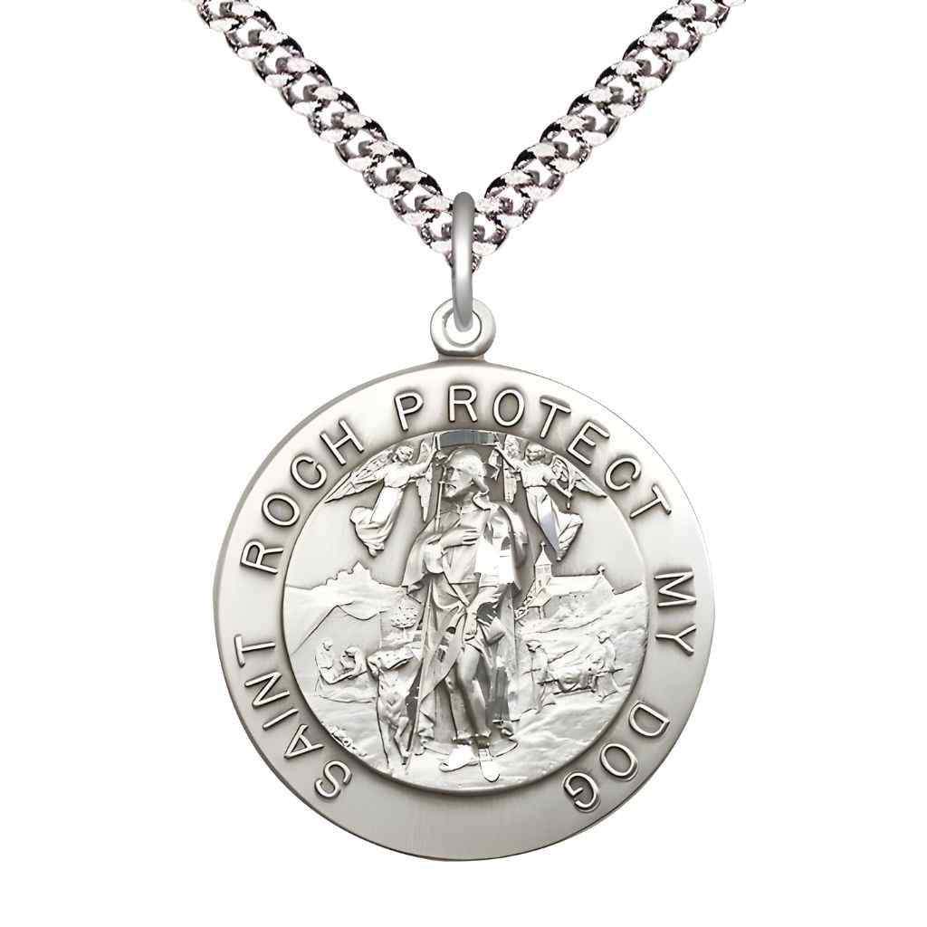 St. Roch Protect My Dog sterling silver round medal pendant on rhodium-plated curb chain, front view with 'Saint Roch Protect My Dog' inscription