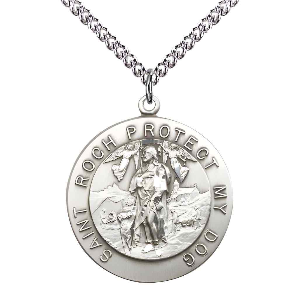 St. Roch Protect My Dog sterling silver round medal pendant on sterling silver chain, front view