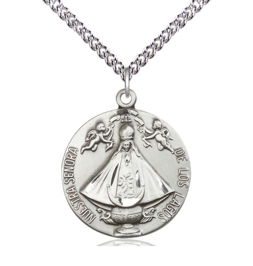 Bliss Sterling Silver Round Senora de los Lagos Pendant on a 24 inch Sterling Silver Heavy Curb Chain,