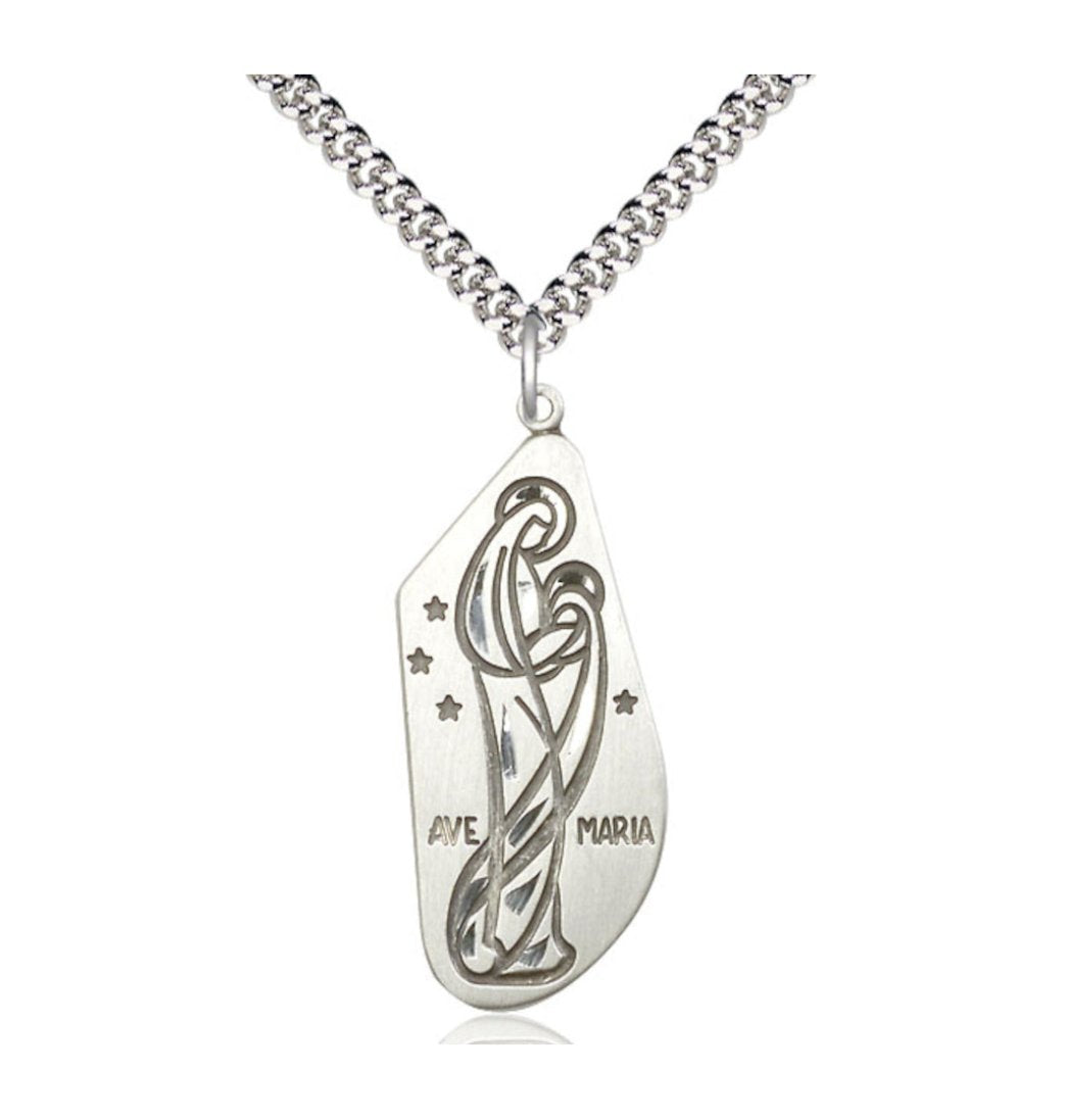 Ave Maria/Hail Mary Sterling Silver Pendant Necklace w/Plated Chain