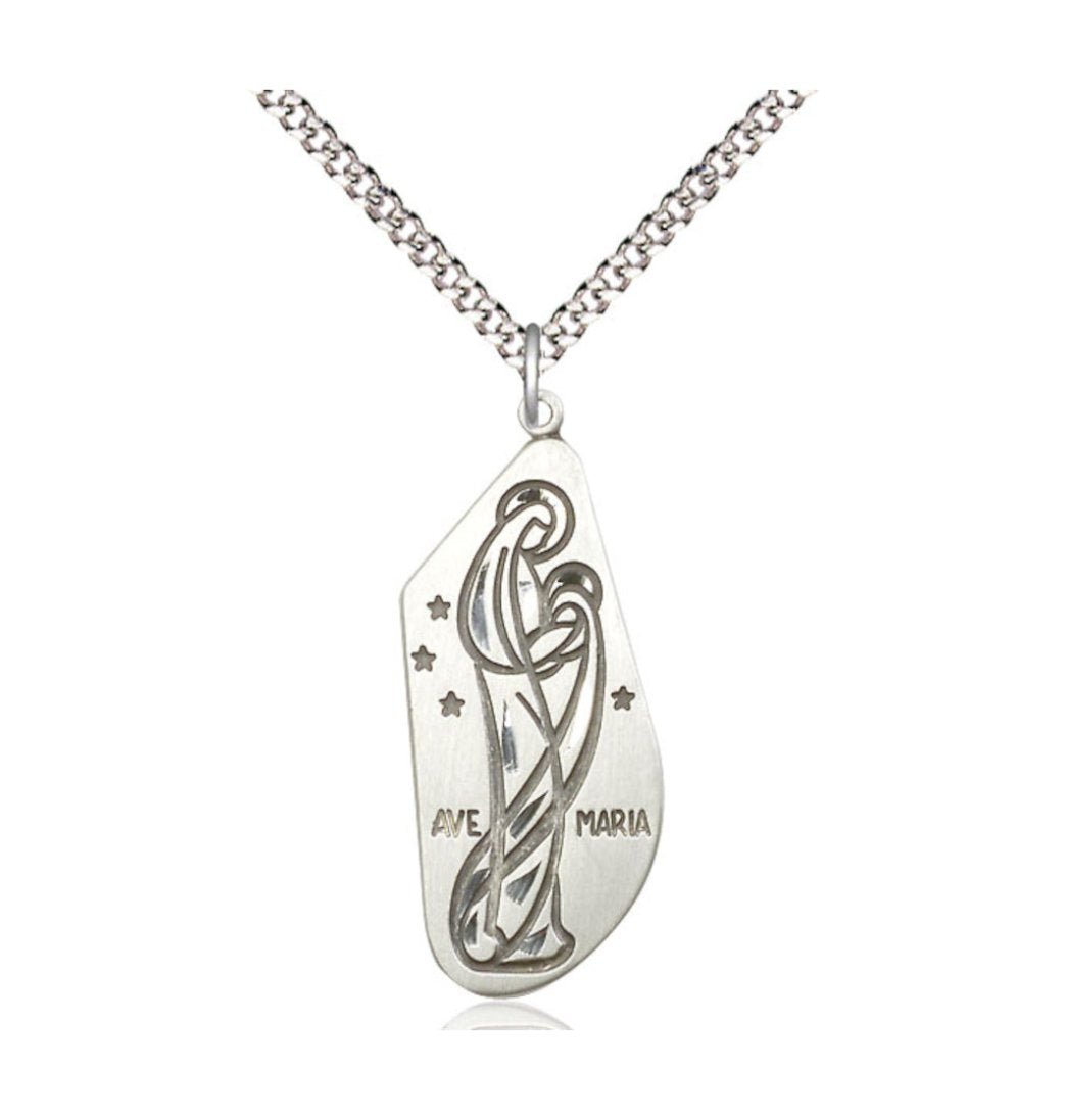 Ave Maria/Hail Mary Sterling Silver Pendant Necklace w/Sterling  Chain