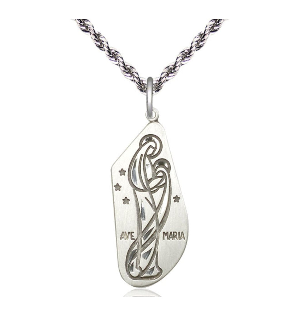 Ave Maria/Hail Mary Sterling Silver Pendant Necklace w/Rope Sterling  Chain,