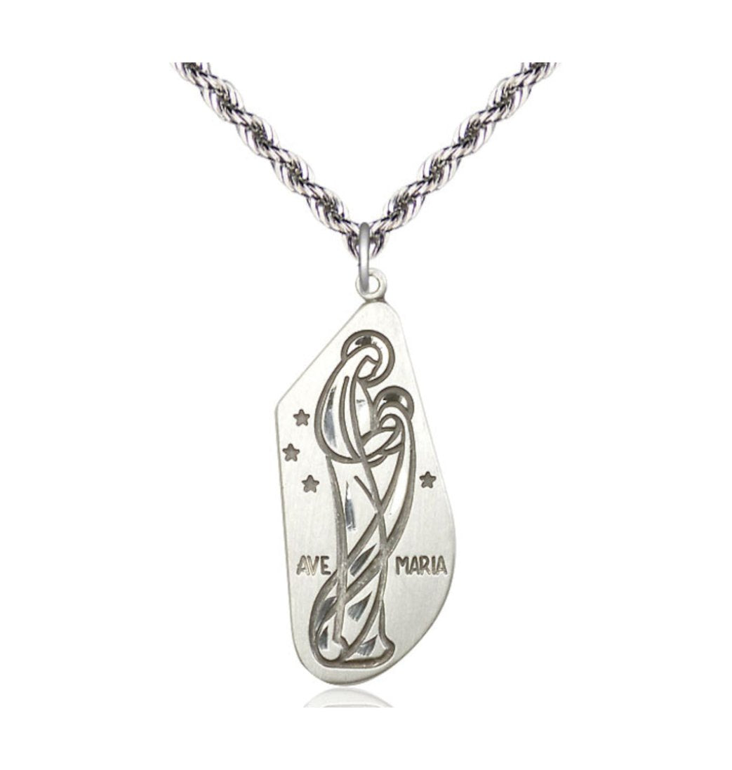 Ave Maria/Hail Mary Sterling Silver Pendant Necklace w/Rope Plated Chain