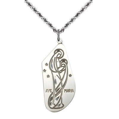 Ave Maria/Hail Mary Sterling Silver Pendant Necklace with Rope Plated Chain, Measures 1 1/4-inch tall by 1/2-inch wide, Bliss Manufacturing