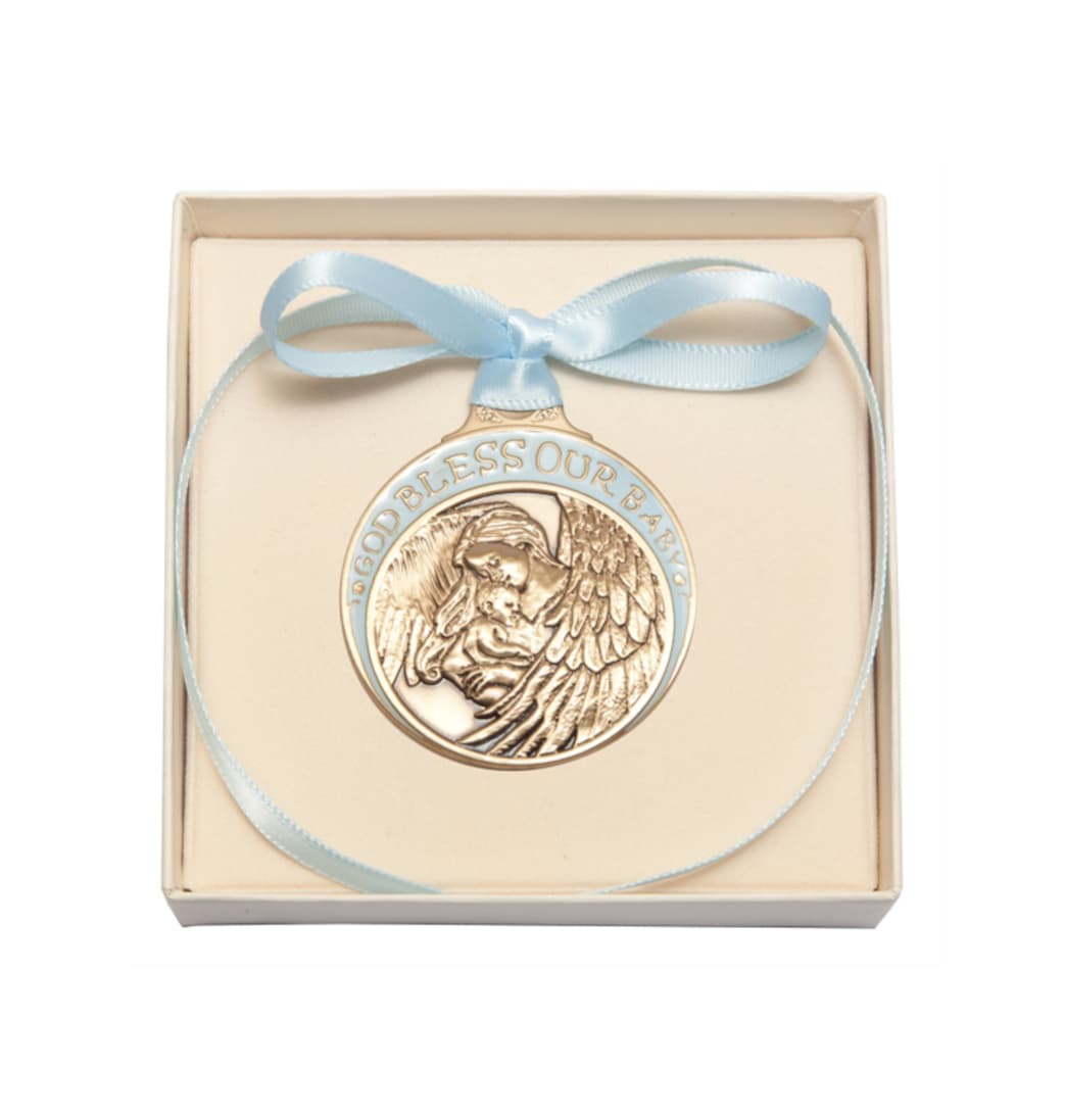 Bliss Gold Finish Baby w/Angel Crib Medal with Blue Ribbon in box,