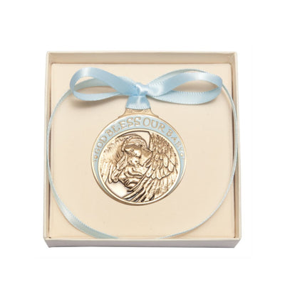Gold Finish Baby w/Angel Crib Medal with Blue Ribbon in box, Bliss Manufacturing