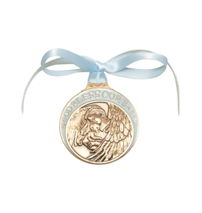 Gold Finish Baby w/Angel Crib Medal with Blue Ribbon, Bliss Manufacturing