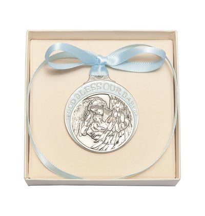 Pewter Baby w/Angel Crib Medal with Blue Ribbon in Box, Bliss Manufacturing