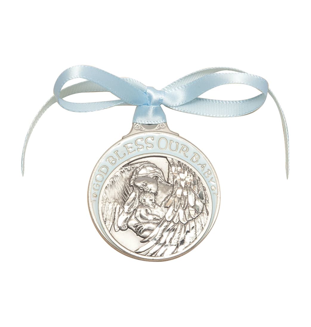 Bliss Pewter Baby w/Angel Crib Medal with Blue Ribbon,