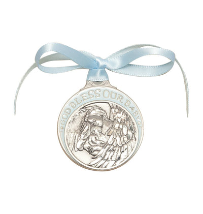 Pewter Baby w/Angel Crib Medal with Blue Ribbon, Bliss Manufacturing