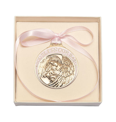 Gold Finish Baby w/Angel Crib Medal with Pink Ribbon in Box, Bliss Manufacturing