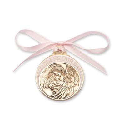 Gold Finish Baby w/Angel Crib Medal with Pink Ribbon, Bliss Manufacturing