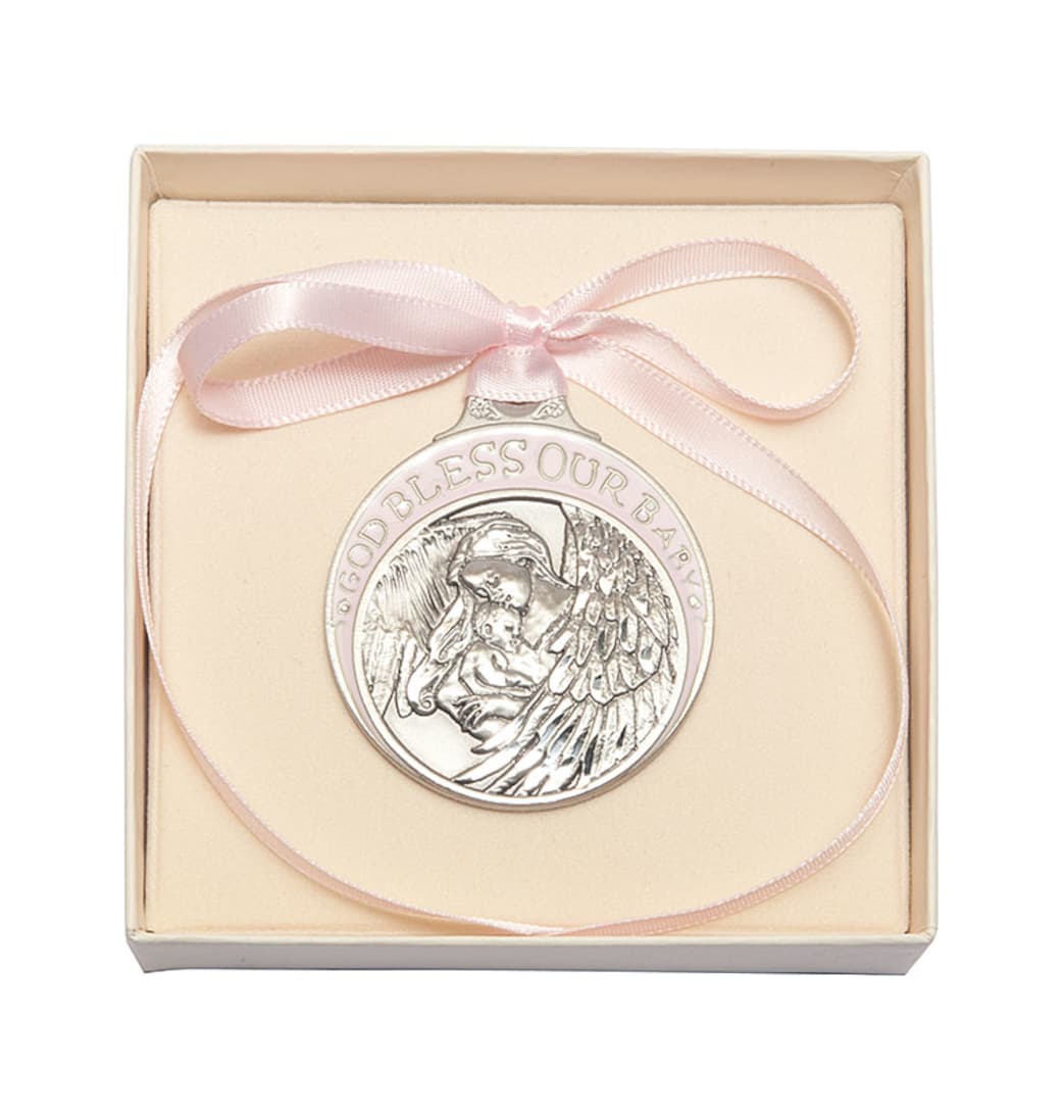 Bliss Pewter Baby w/Angel Crib Medal with Pink Ribbon in box,