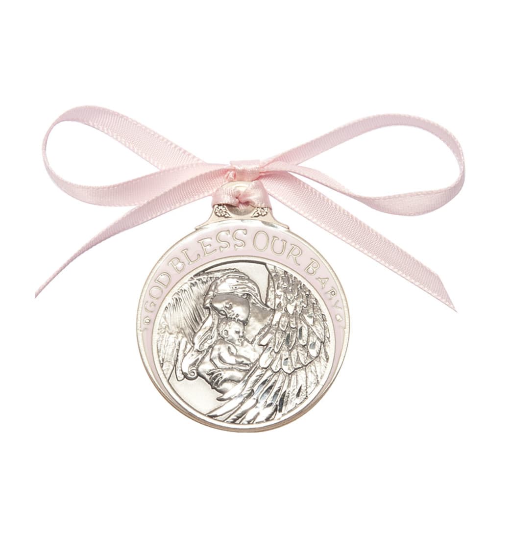 Bliss Pewter Baby w/Angel Crib Medal with Pink Ribbon