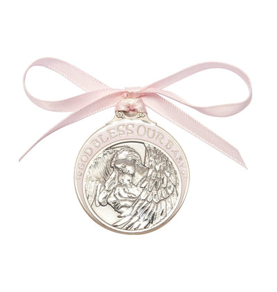 Pewter Baby w/Angel Crib Medal with Pink Ribbon, Bliss Manufacturing