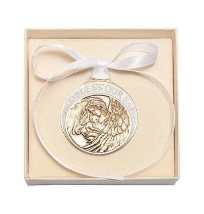 Gold Finish Baby w/Angel Crib Medal with White Ribbon in Box, Bliss Manufacturing