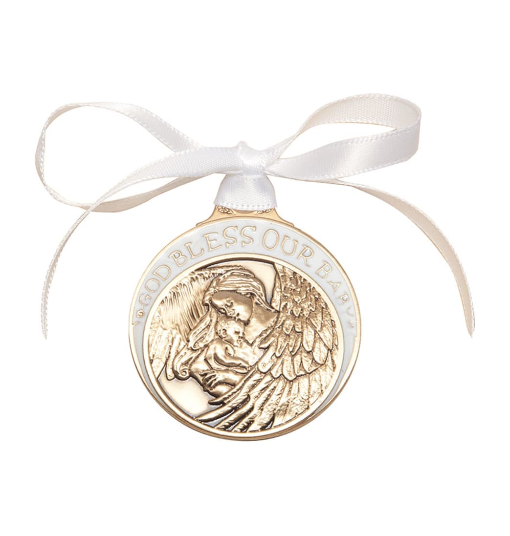 Bliss Gold Finish Baby w/Angel Crib Medal with White Ribbon,