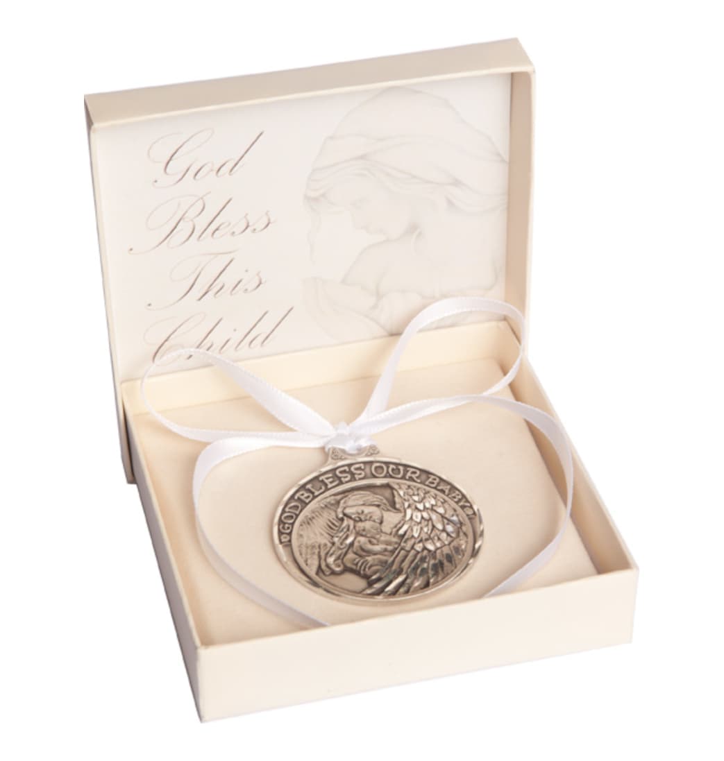 Bliss Manufacturing God Bless Our Baby Pewter Angel Crib Medal w/White Ribbon,