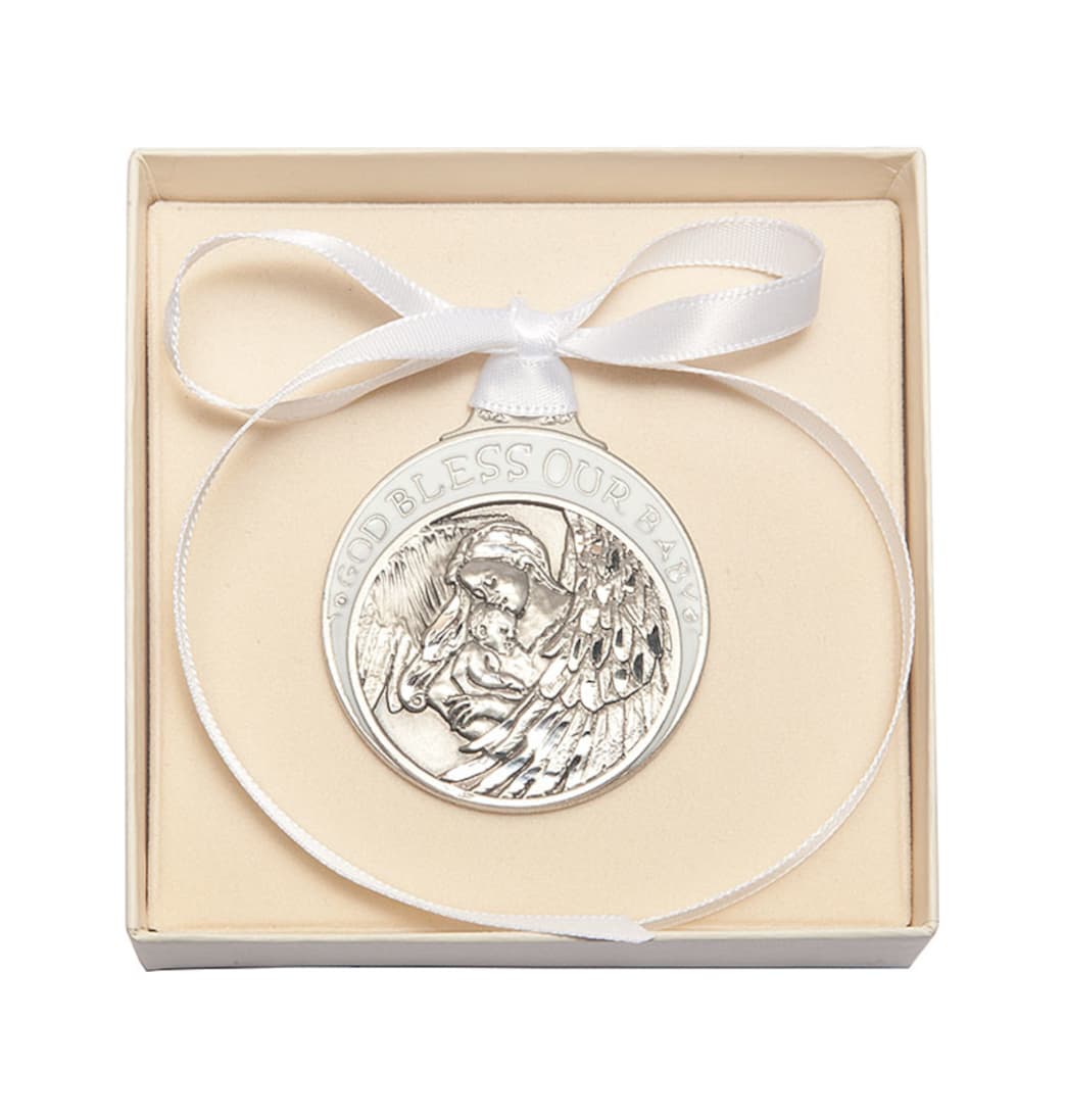 Bliss God Bless Our Baby Pewter Angel Crib Medal w/White Ribbon in Box,