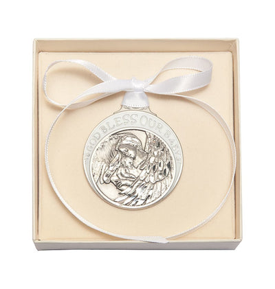 God Bless Our Baby Pewter Angel Crib Medal w/White Ribbon in Box, Bliss Manufacturing