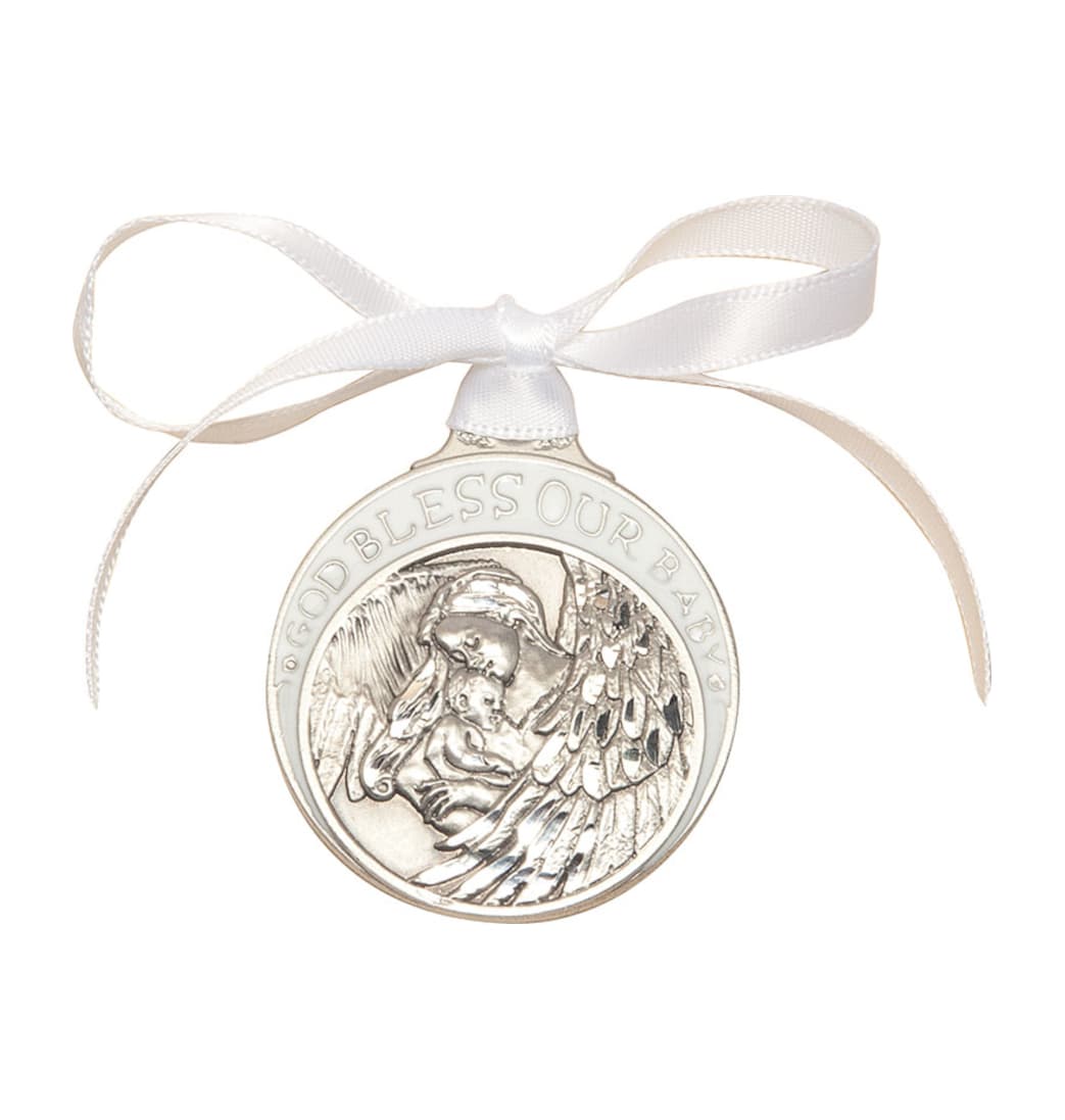 Bliss God Bless Our Baby Pewter Angel Crib Medal w/White Ribbon,